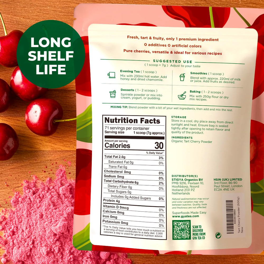 Gya Tea Co tart cherry powder bottle pour demonstrates easy mixing into tea or shakes.