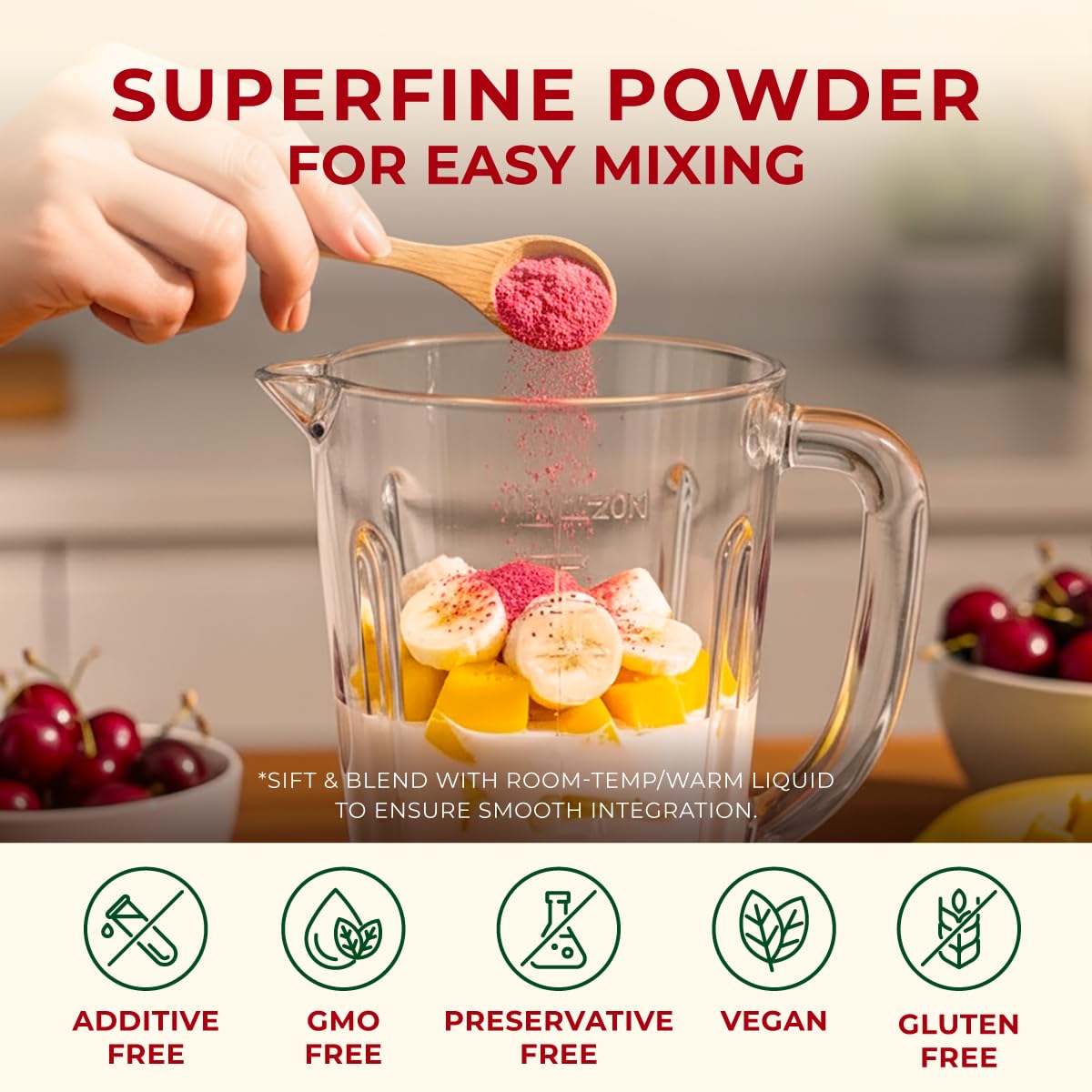Gya Tea Co tart cherry powder in a smoothie bowl adds color and tang.