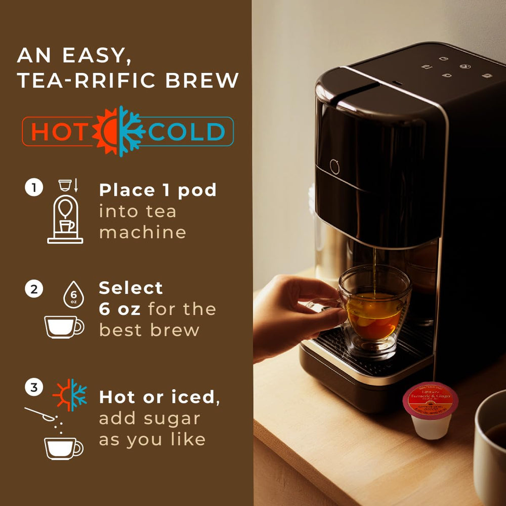 Gya Tea Co cup and pods on counter for easy brewing