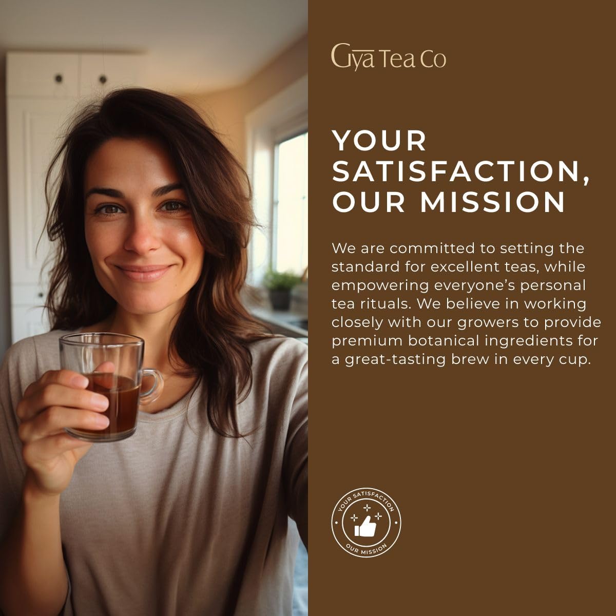 Gya Tea Co cup at work scene, caffeine-free ritual