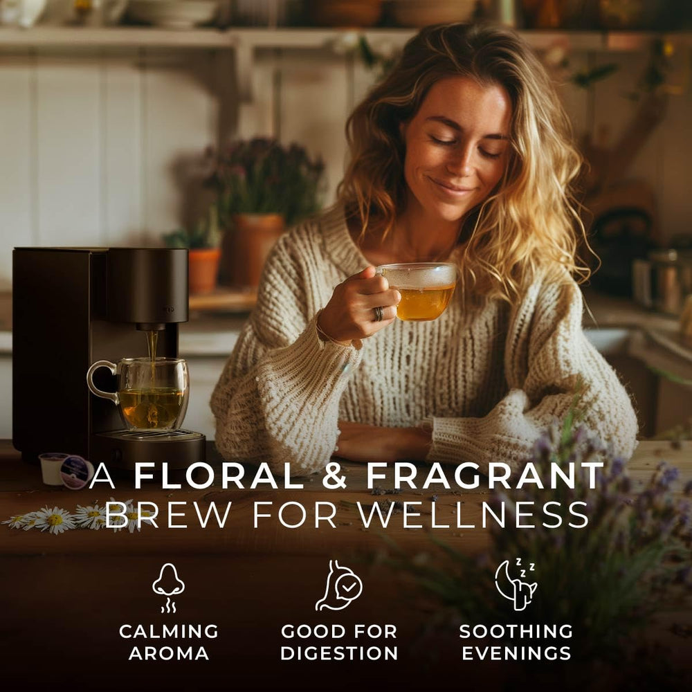 Gya Tea Co Chamomile Lavender Pod steeping, releasing soft lavender and chamomile notes