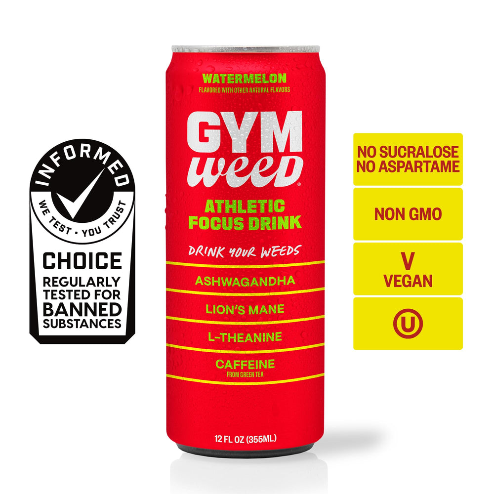 GYM WEED bottle with glass on counter conveys hydration and focus.