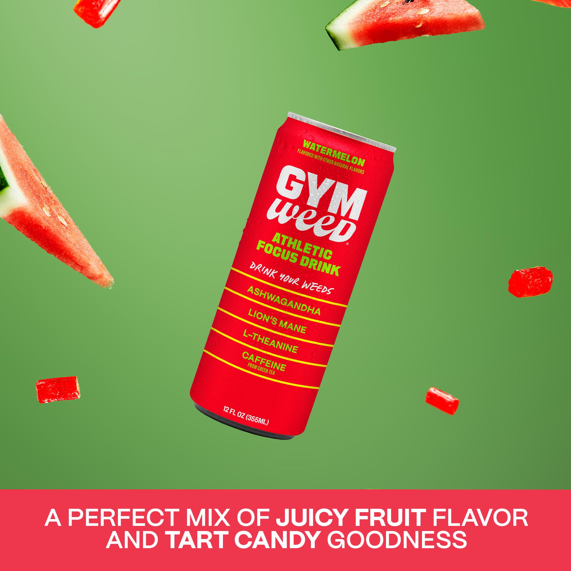 GYM WEED ready-to-drink glass shows refreshing watermelon flavor.