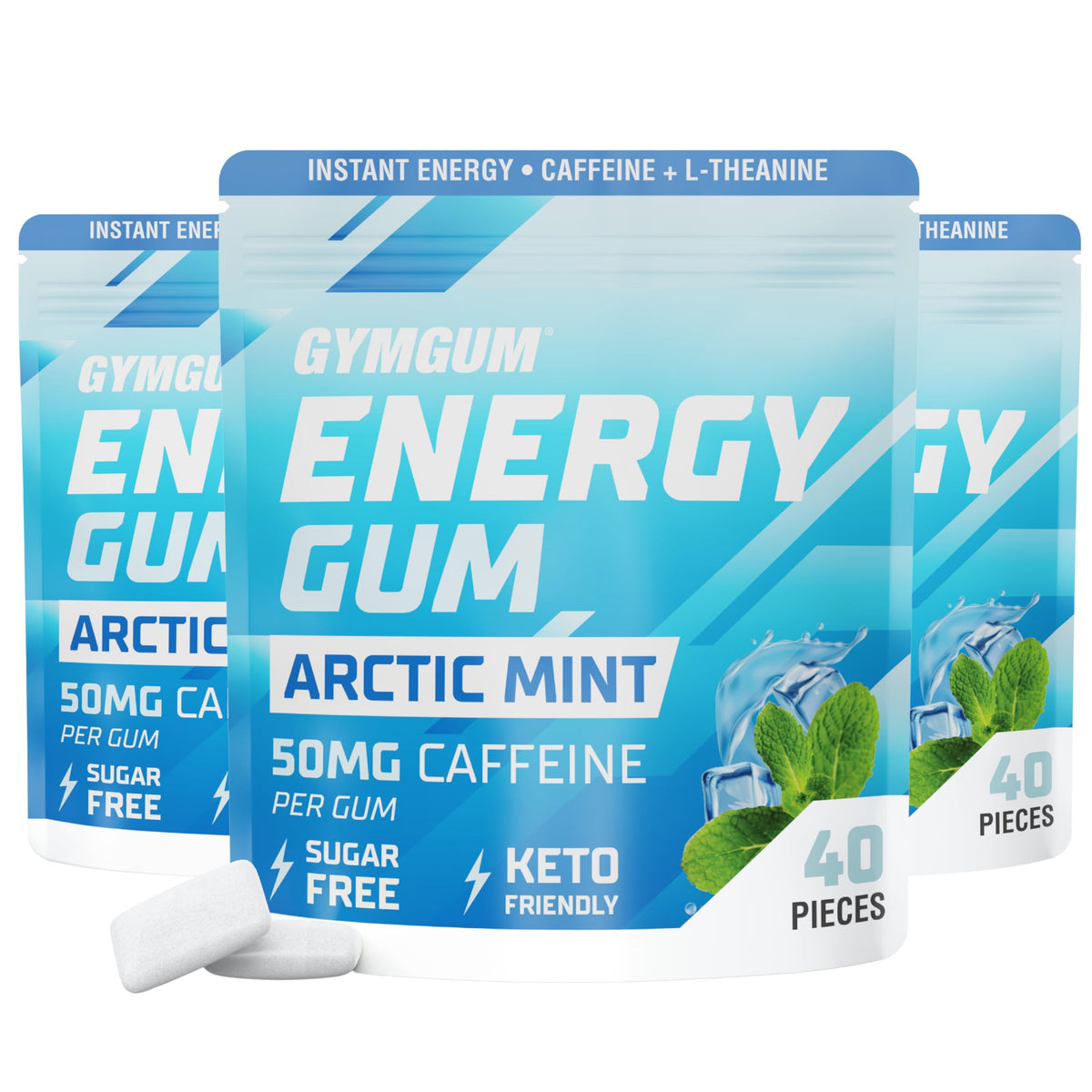 GYMGUM Energy Caffeine Gum pack front shows Arctic Mint and 50 mg caffeine in a compact package