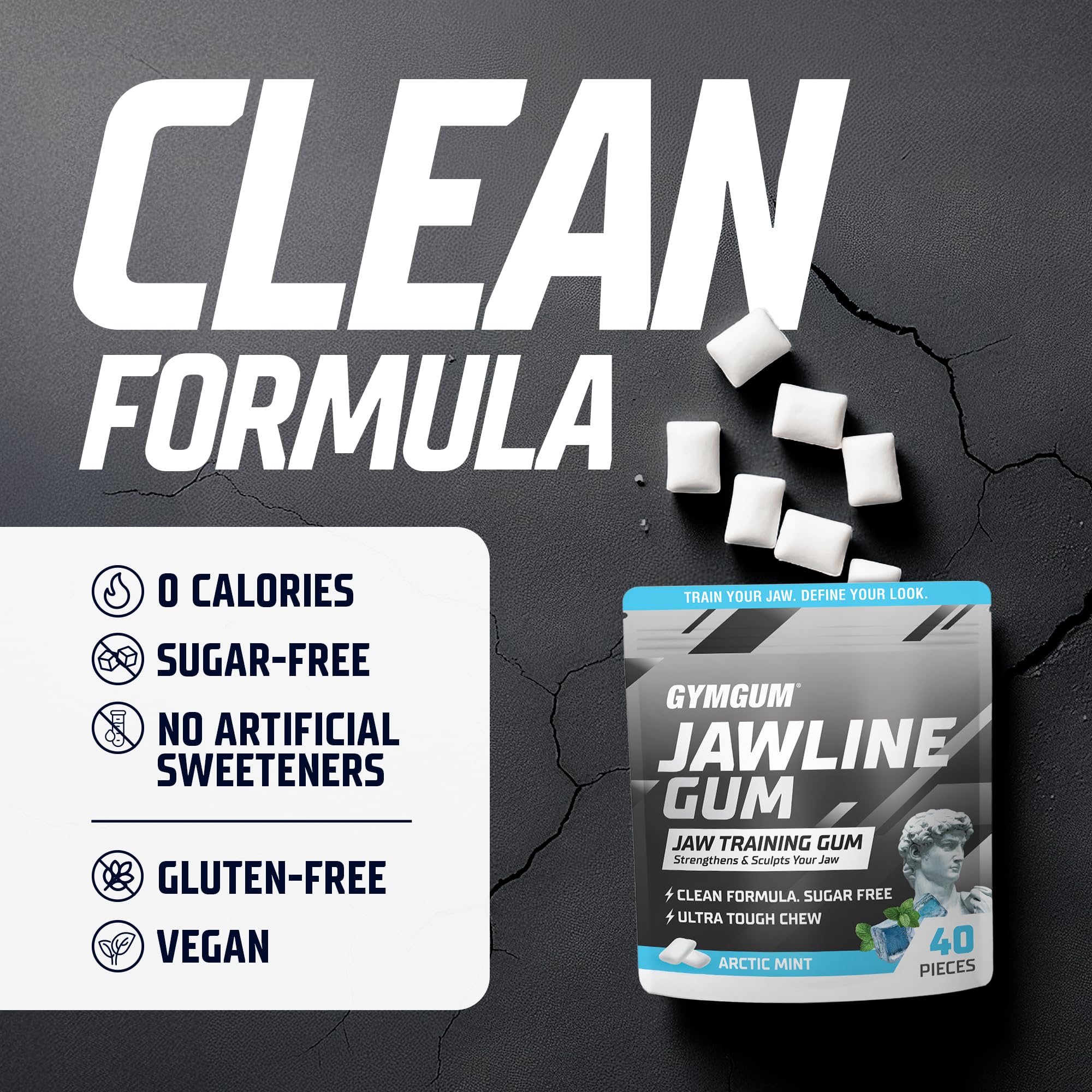GYMGUM Arctic Mint jawline gum vegan ingredients label for clean nutrition.