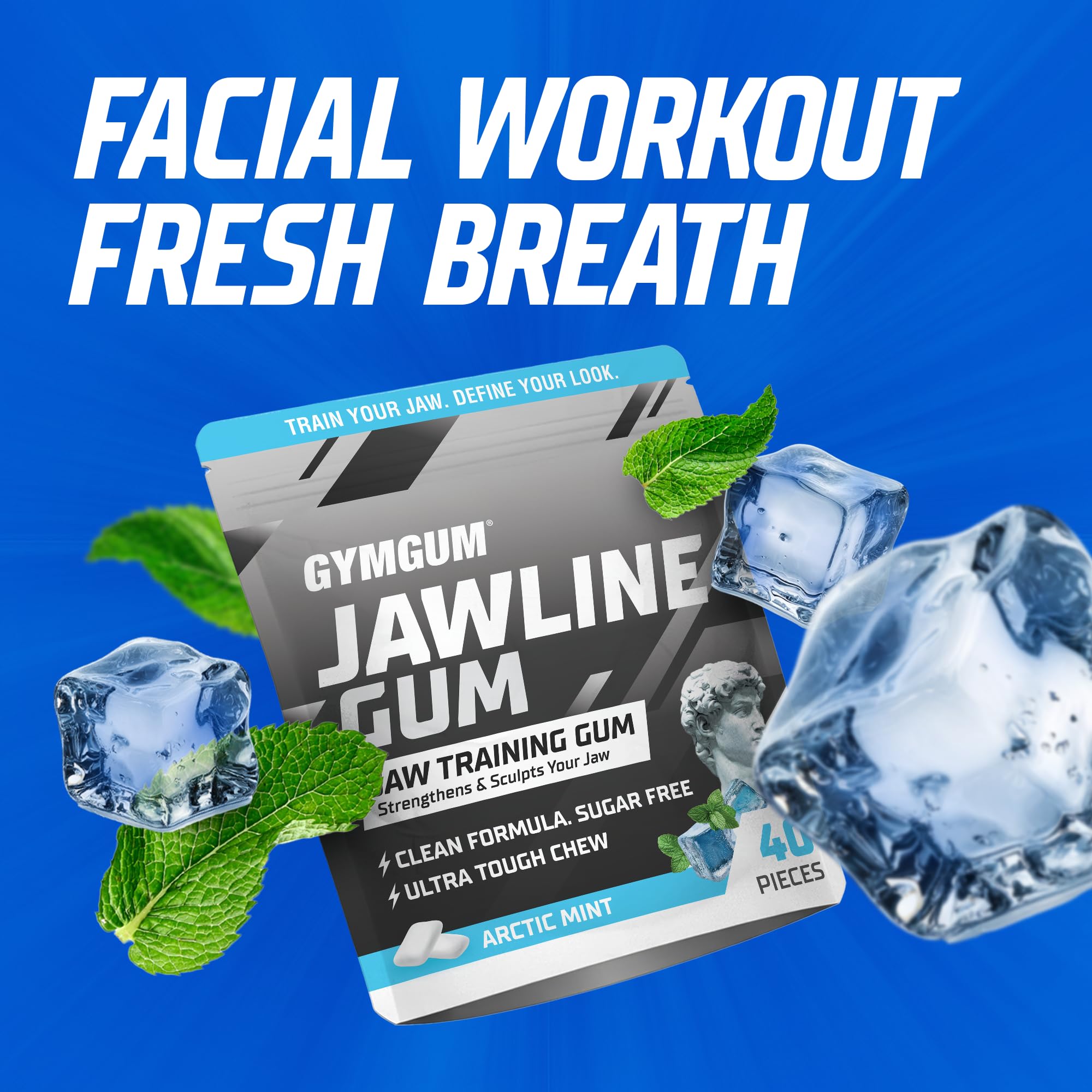 GYMGUM Arctic Mint jawline gum masseter-workout in action illustration.