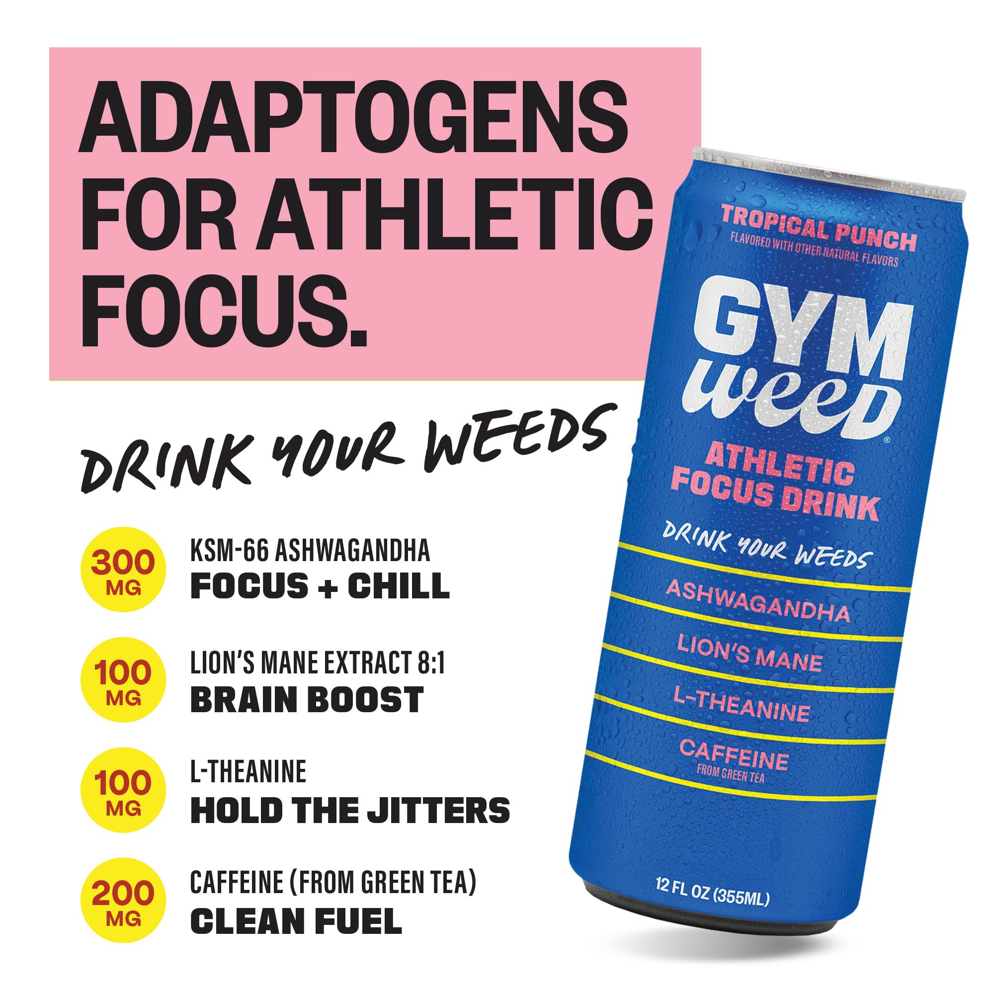 GYM WEED KSM66 Ashwagandha bottle emphasizing tension relief and focus support.