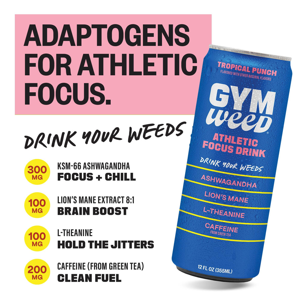 GYM WEED KSM66 Ashwagandha bottle emphasizing tension relief and focus support.