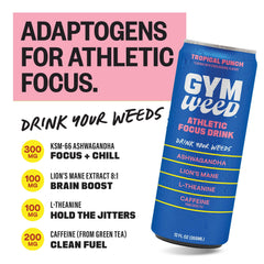 GYM WEED KSM66 Ashwagandha bottle emphasizing tension relief and focus support.