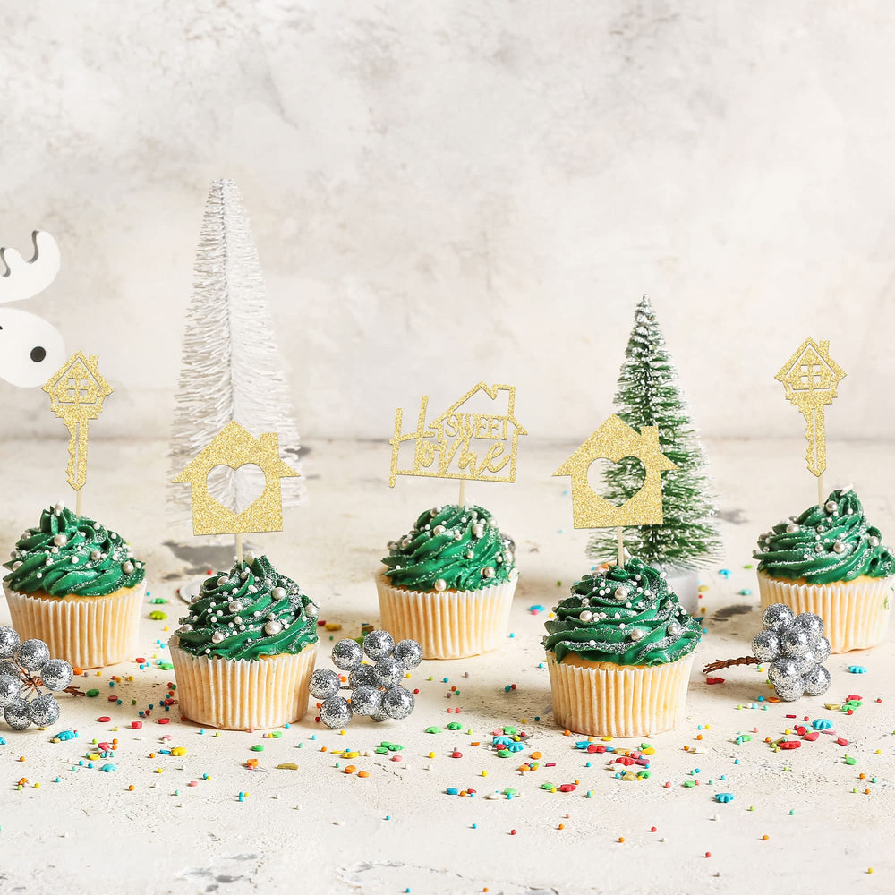 Gyufise cupcake toppers with gold glitter design ready to decorate.