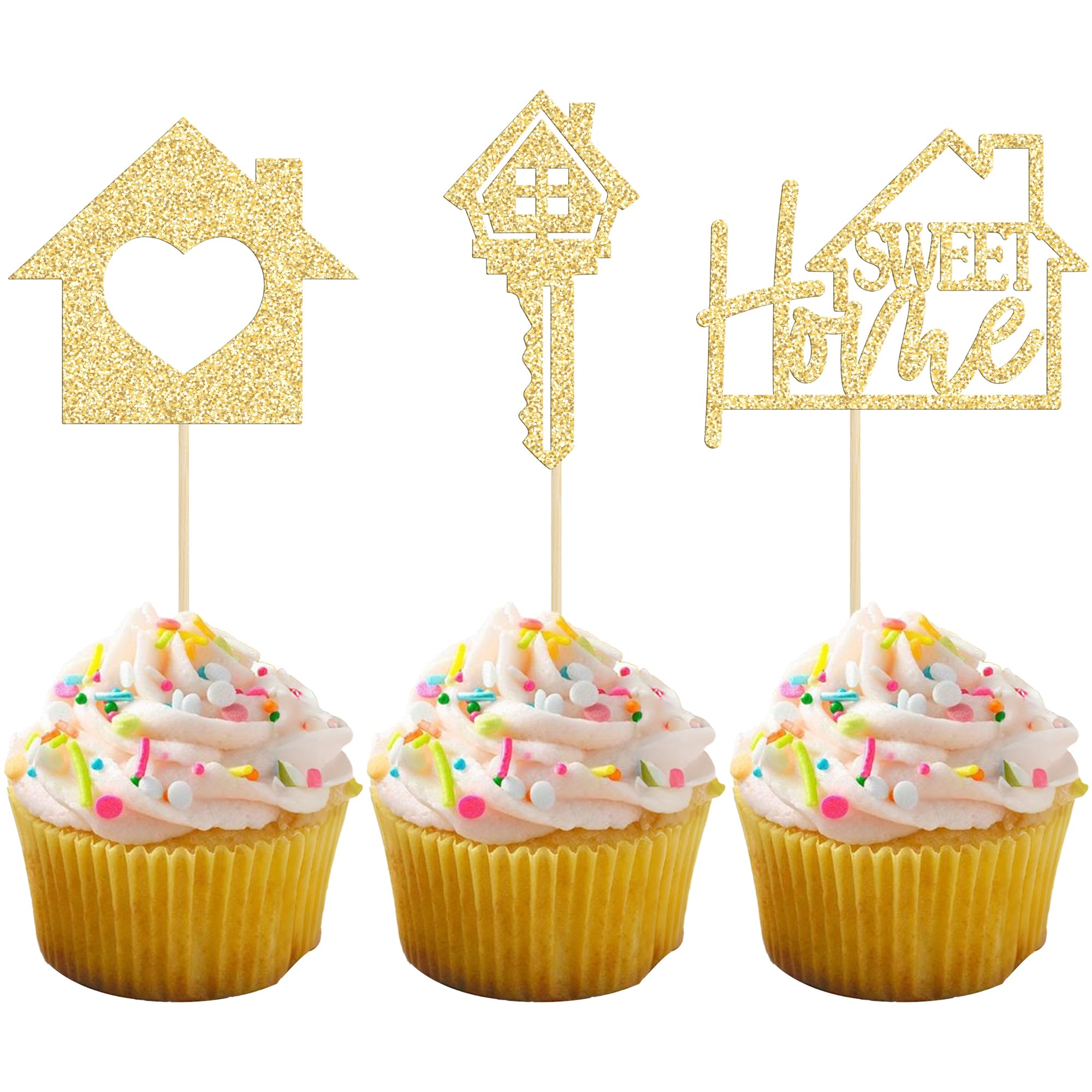 Gyufise Sweet Home cupcake toppers with gold glitter key add festive cake charm.