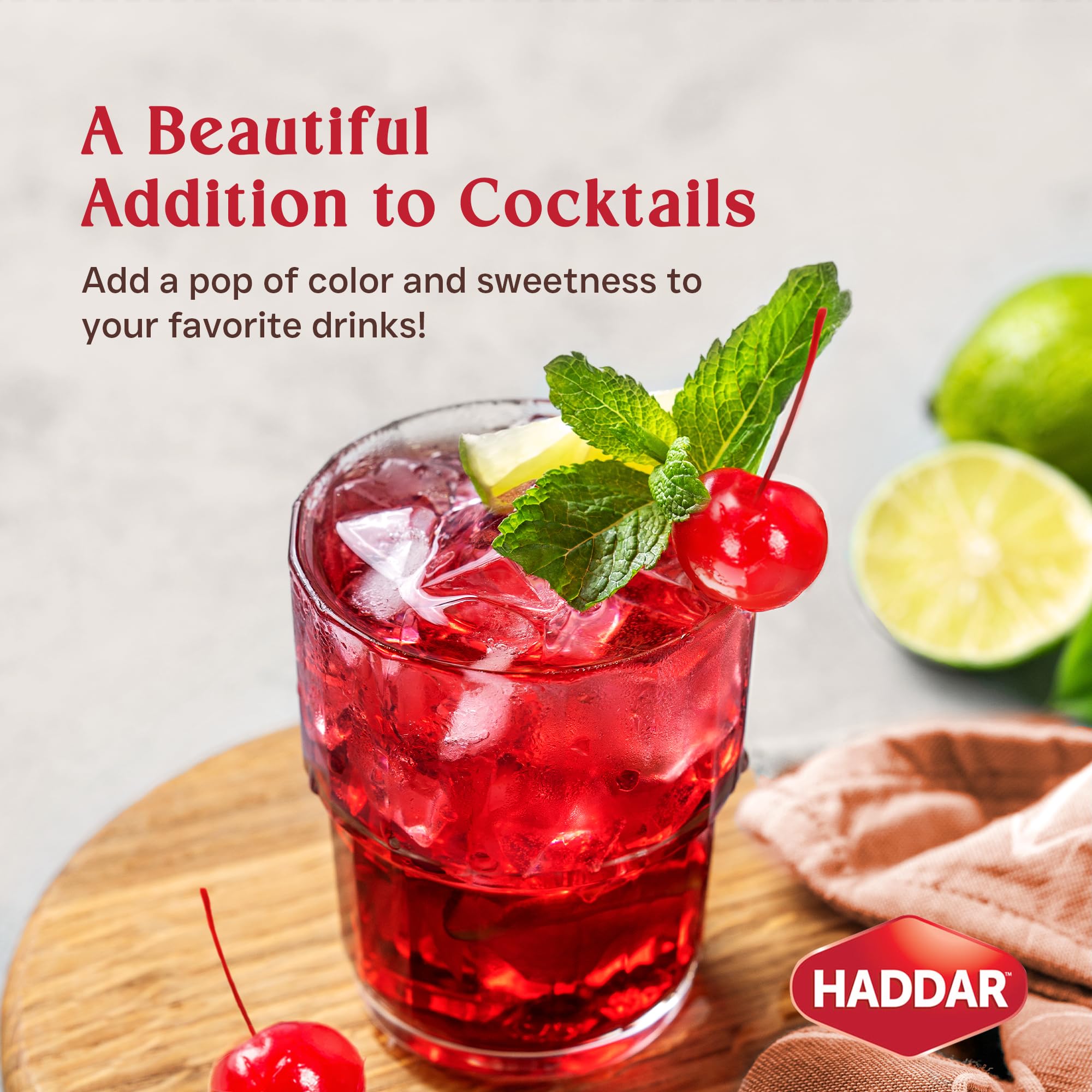 Haddar Kosher-certified cherries add ready-to-use color to drinks and desserts.