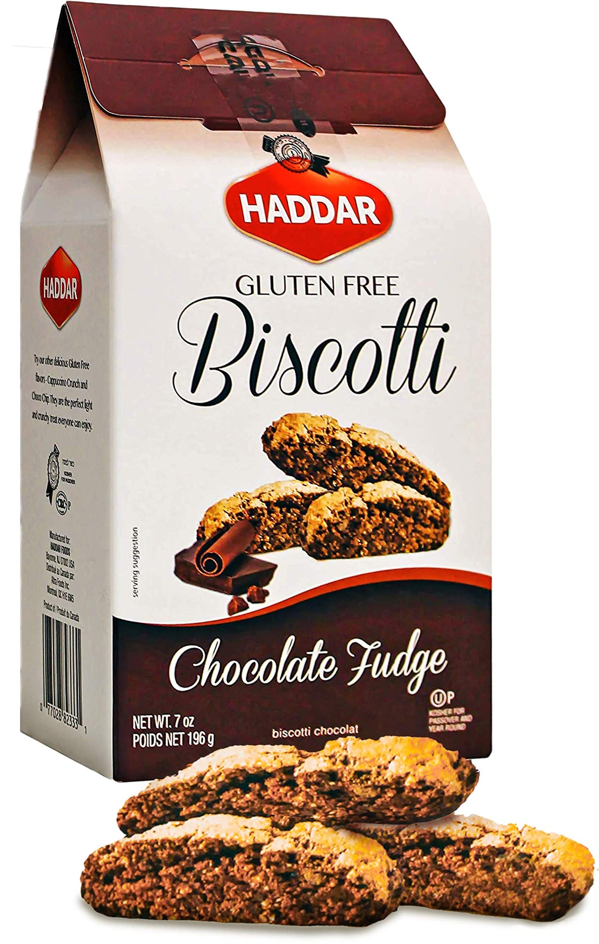Haddar gluten free chocolate fudge biscotti pack front, ideal for a coffee break.