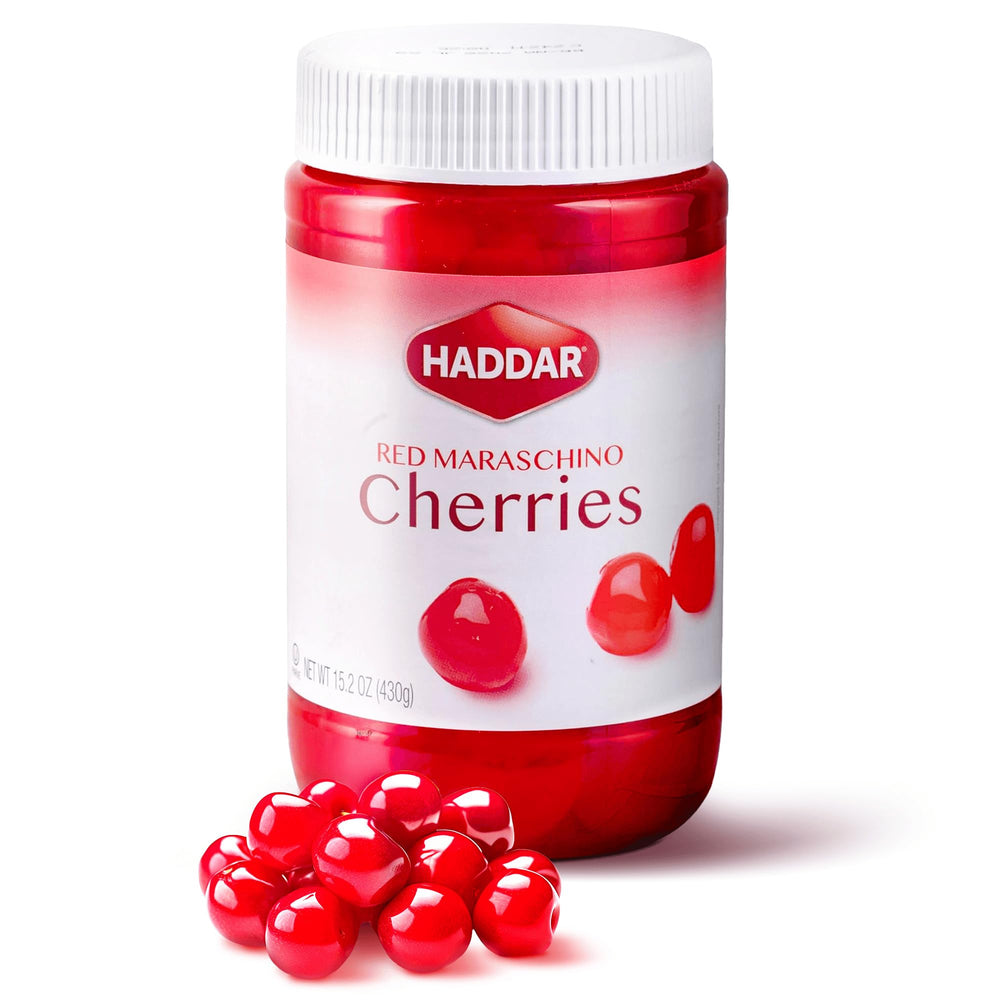 Haddar Maraschino Cherries in a jar — perfect garnish for cocktails and desserts.
