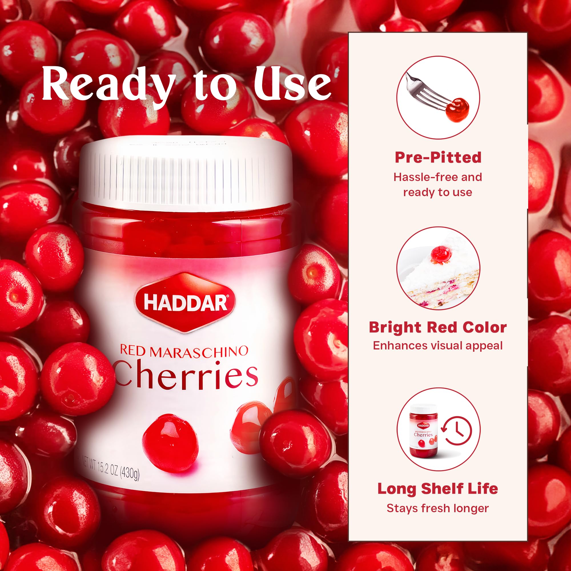 Haddar Maraschino Cherries brighten drinks and pastries with vibrant color.