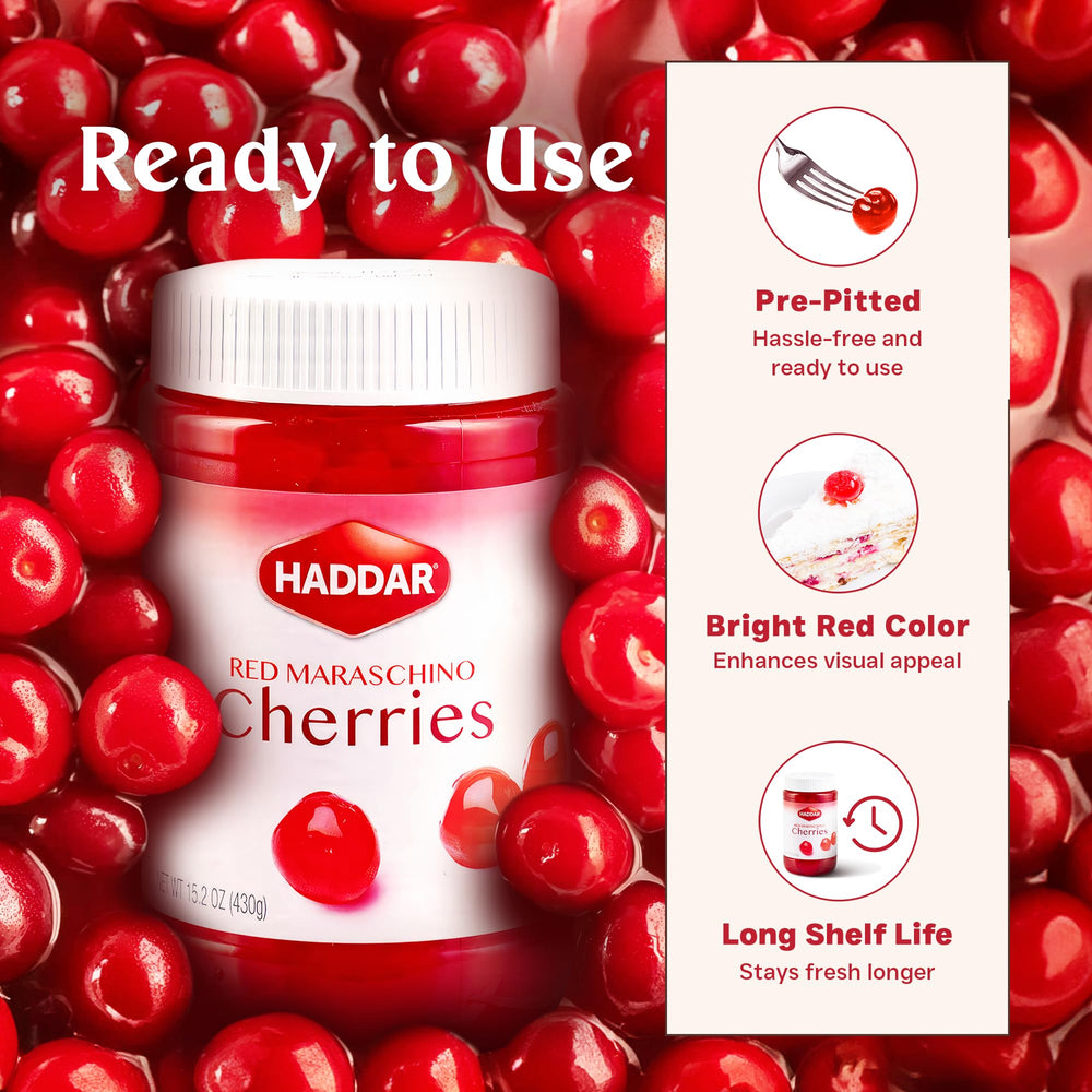 Haddar Maraschino Cherries brighten drinks and pastries with vibrant color.