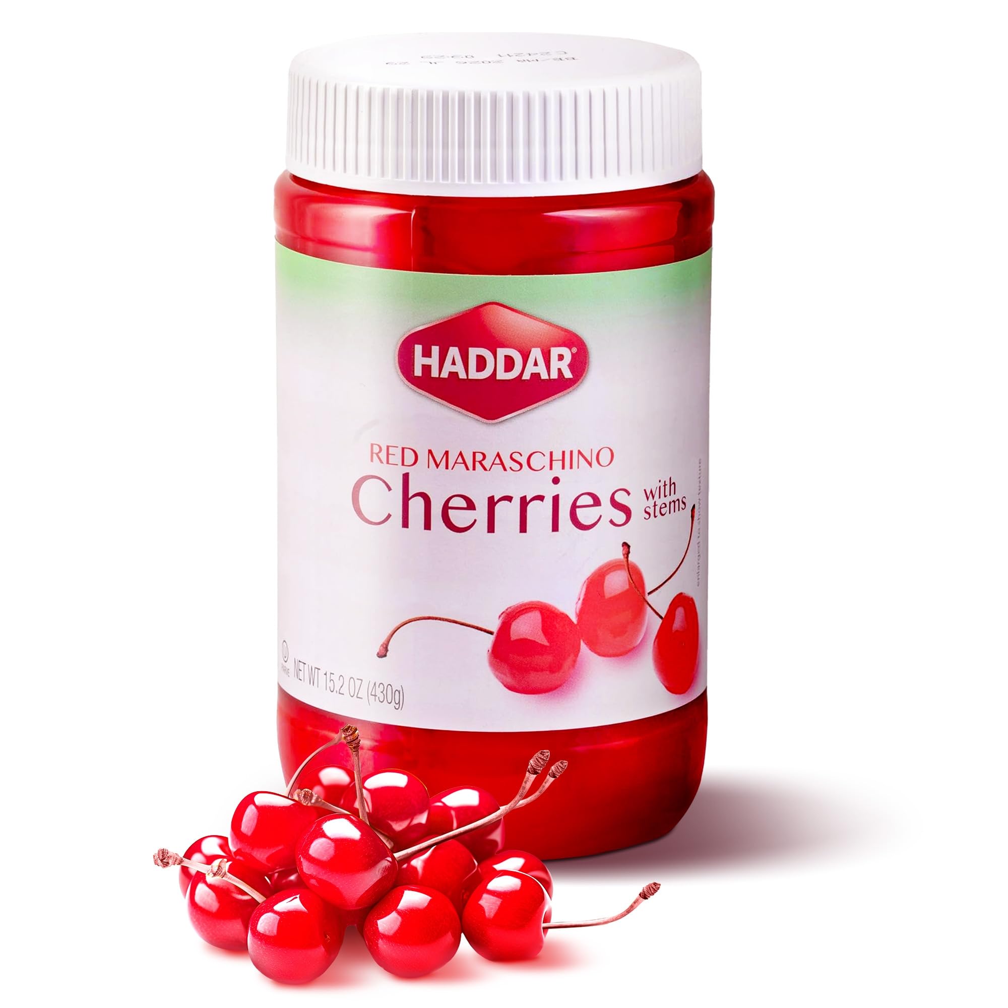 Haddar Red Maraschino Cherries with Stems in a jar front view for vibrant cocktail garnish.