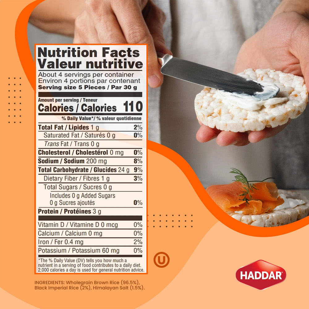 Haddar thin rice cakes crisp, ideal for toppings and snacking.
