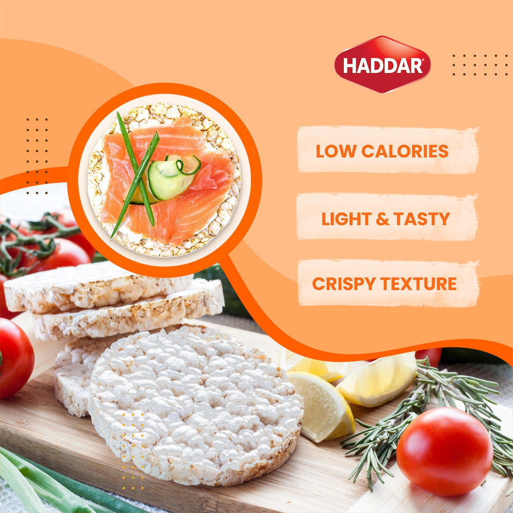 Serving plate with Haddar rice cakes and toppings.