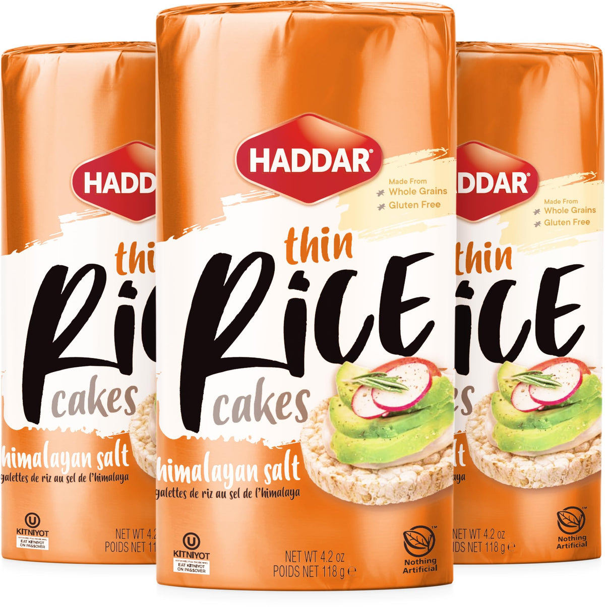 Haddar 3-pack wholegrain thin rice cakes, gluten-free and vegan.