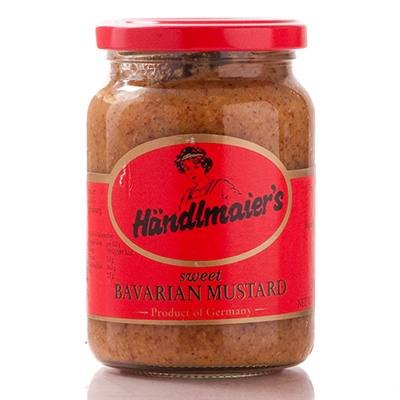 Händlmaier Sweet Bavarian Mustard in a glass jar, perfect with sausages.