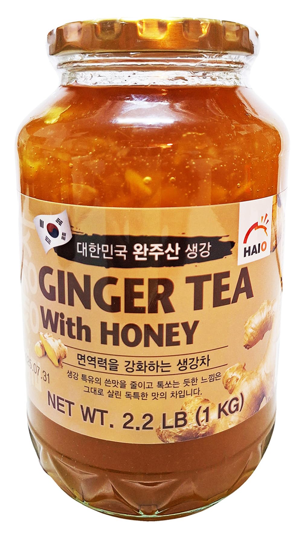 HAIO Ginger Tea with Honey jar front view showcases 1 kg glass packaging for freshness.