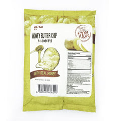 Haitai Honey Butter Chips Original 3-pack close-up, highlighting crisp, buttery sweetness.
