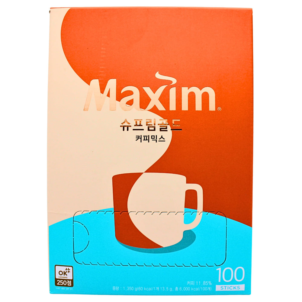 Haitai Maxim Supreme Gold Coffee packaging box on kitchen shelf.