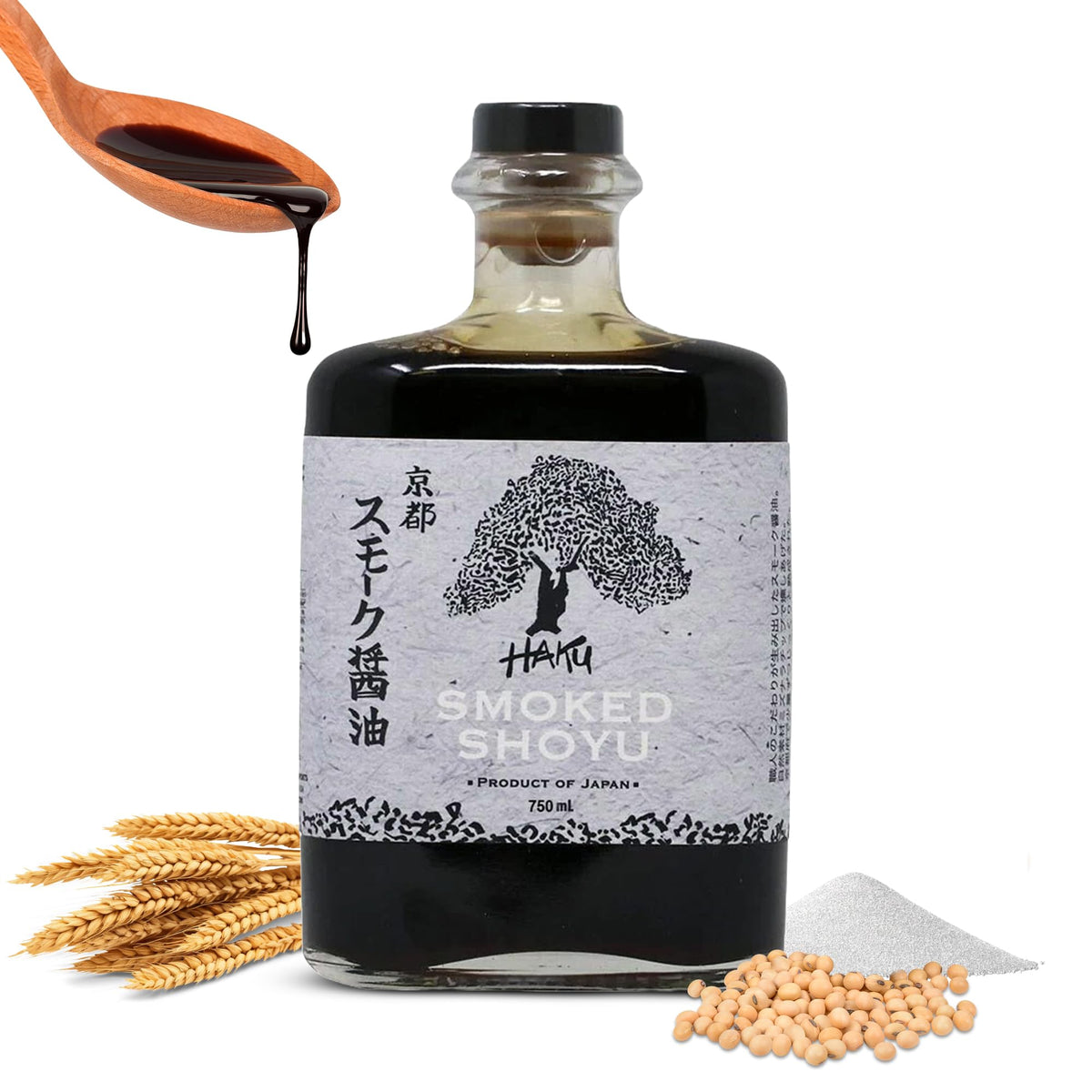 HAKU Smoked Shoyu bottle on kitchen shelf with authentic smoky flavor