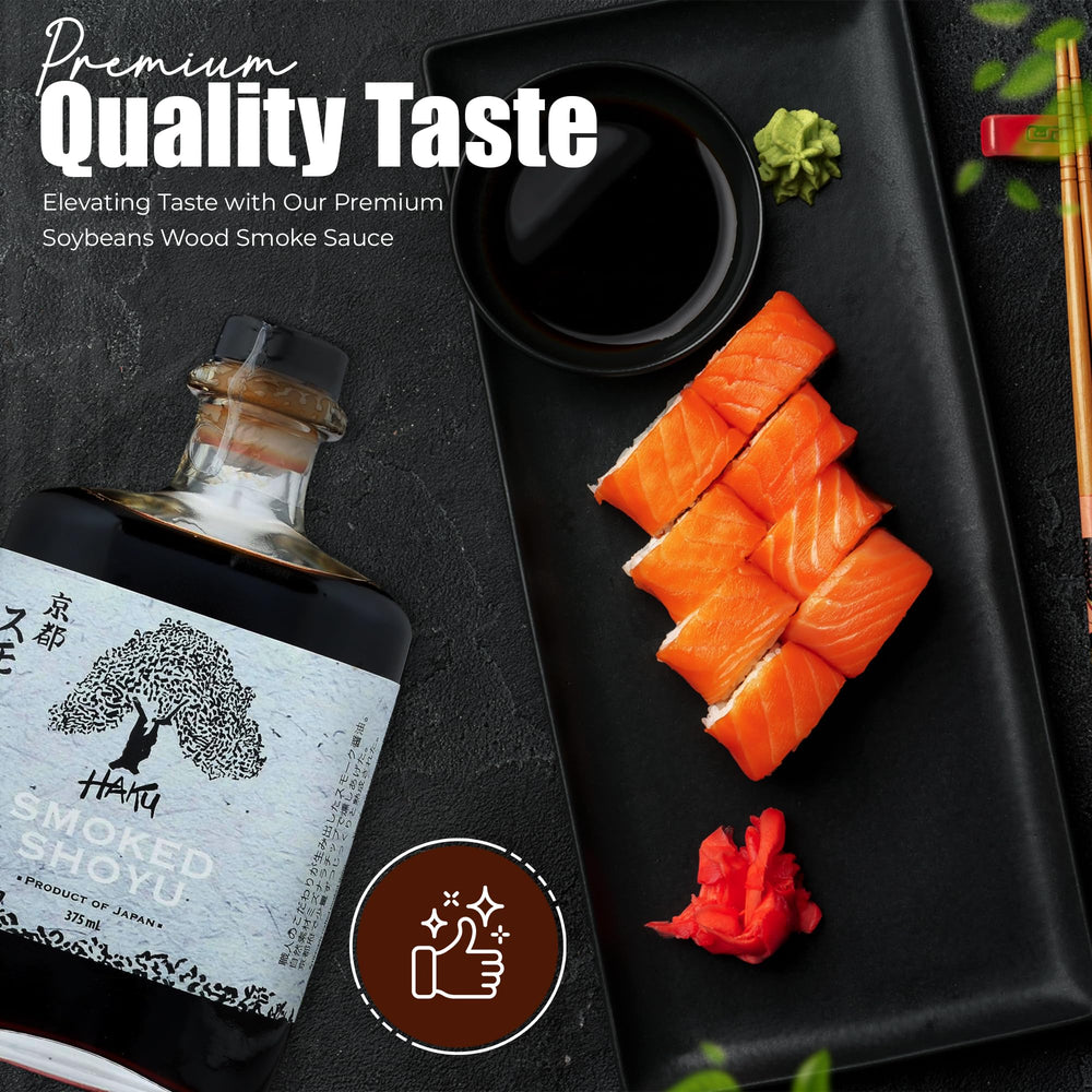 Dumplings dipped in HAKU Smoked Shoyu, catching smoky notes.