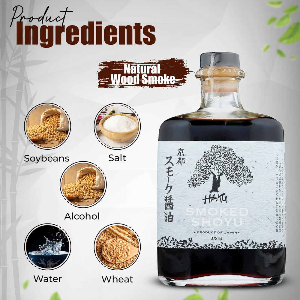HAKU Smoked Shoyu label and packaging showcasing traditional craftsmanship.