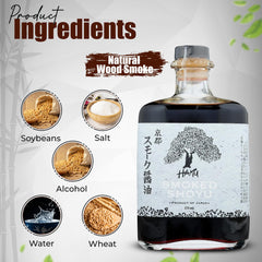 HAKU Smoked Shoyu label and packaging showcasing traditional craftsmanship.