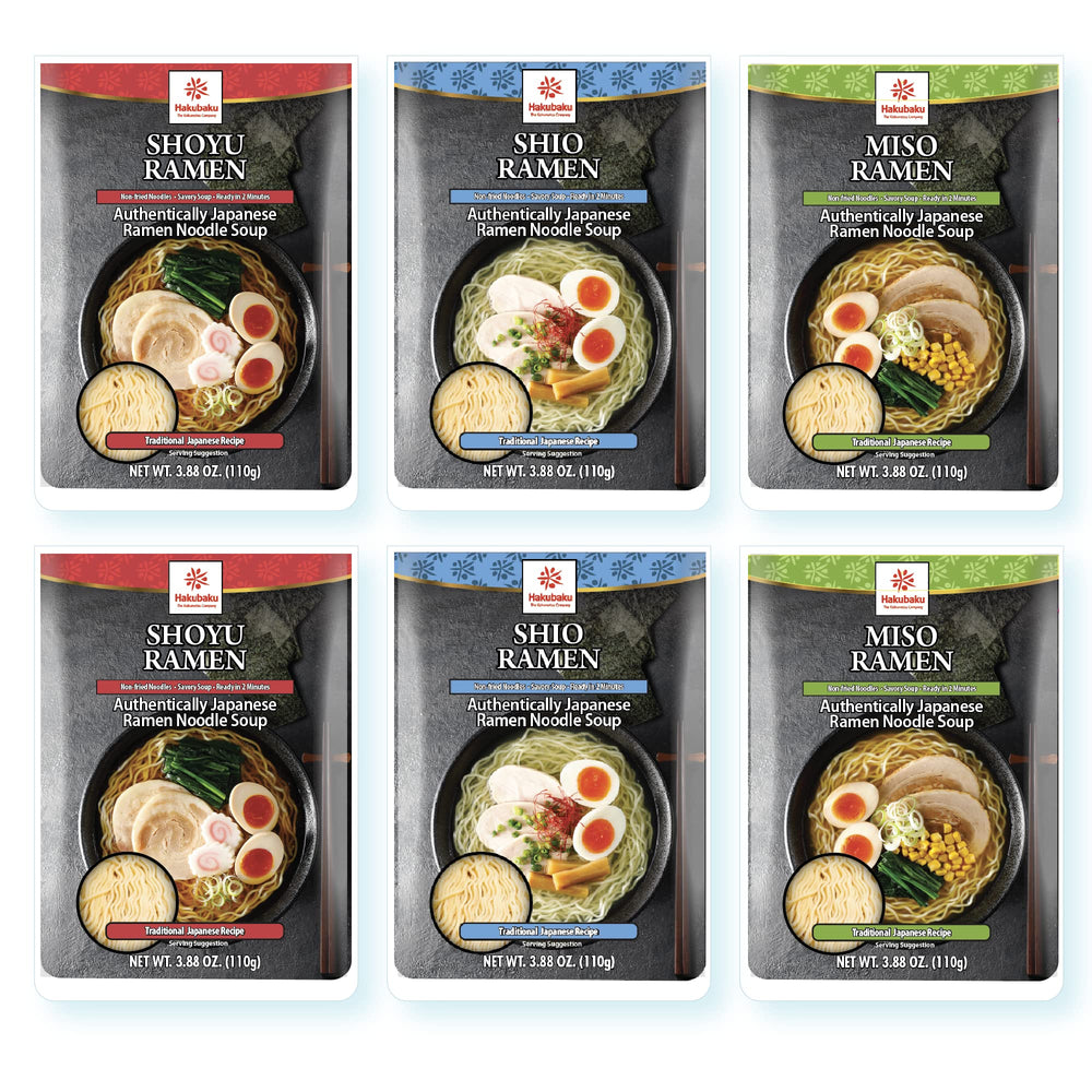 Hakubaku ramen noodles variety 6-pack packaging, convenient pantry staple for home meals