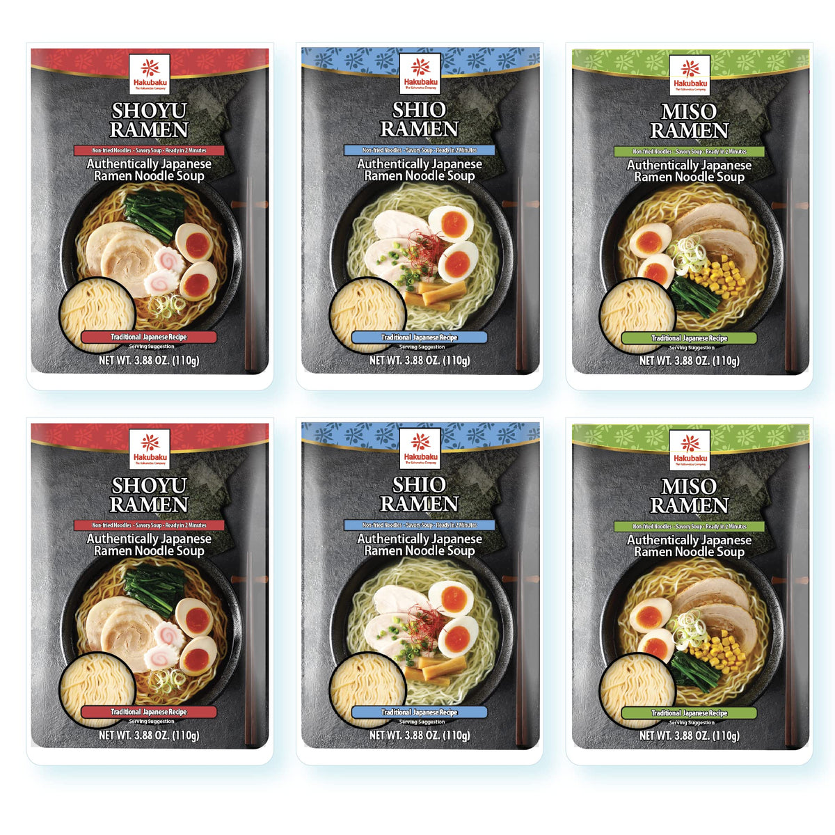 Hakubaku ramen noodles variety 6-pack packaging, convenient pantry staple for home meals