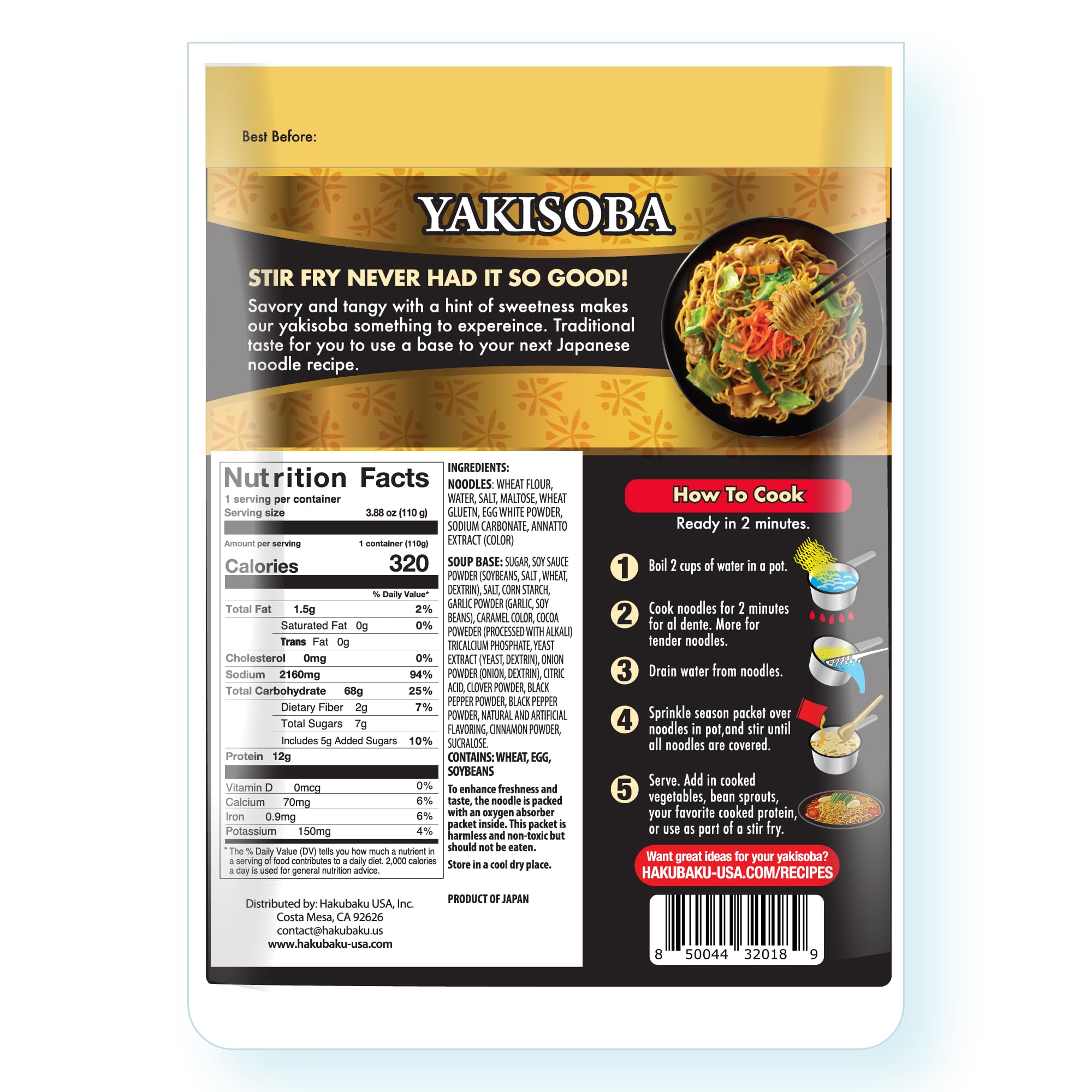 Hakubaku Yakisoba cooked noodles ready to stir-fry with vegetables.