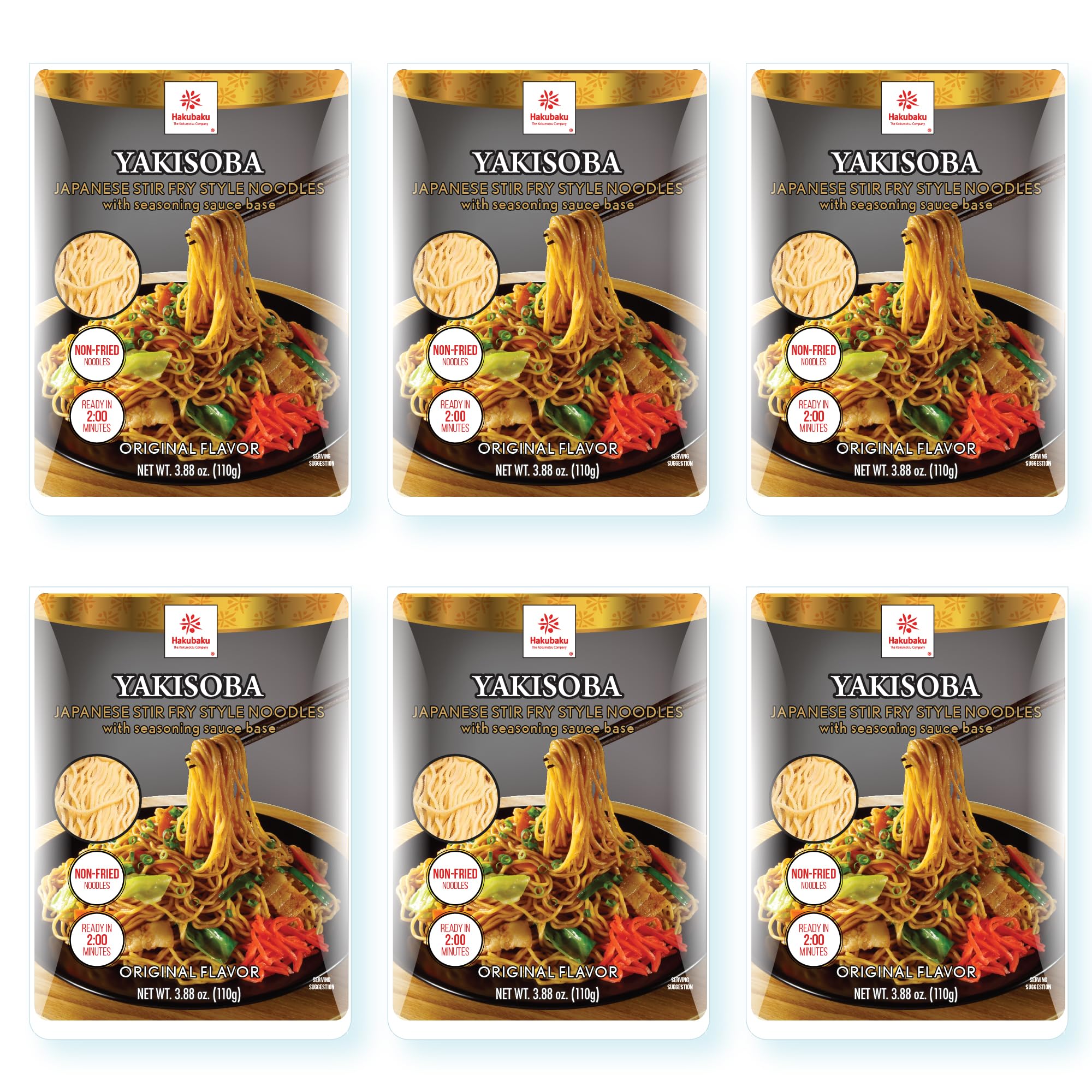 Hakubaku Yakisoba Original 6-pack packaging, authentic Japanese noodles for quick meals.