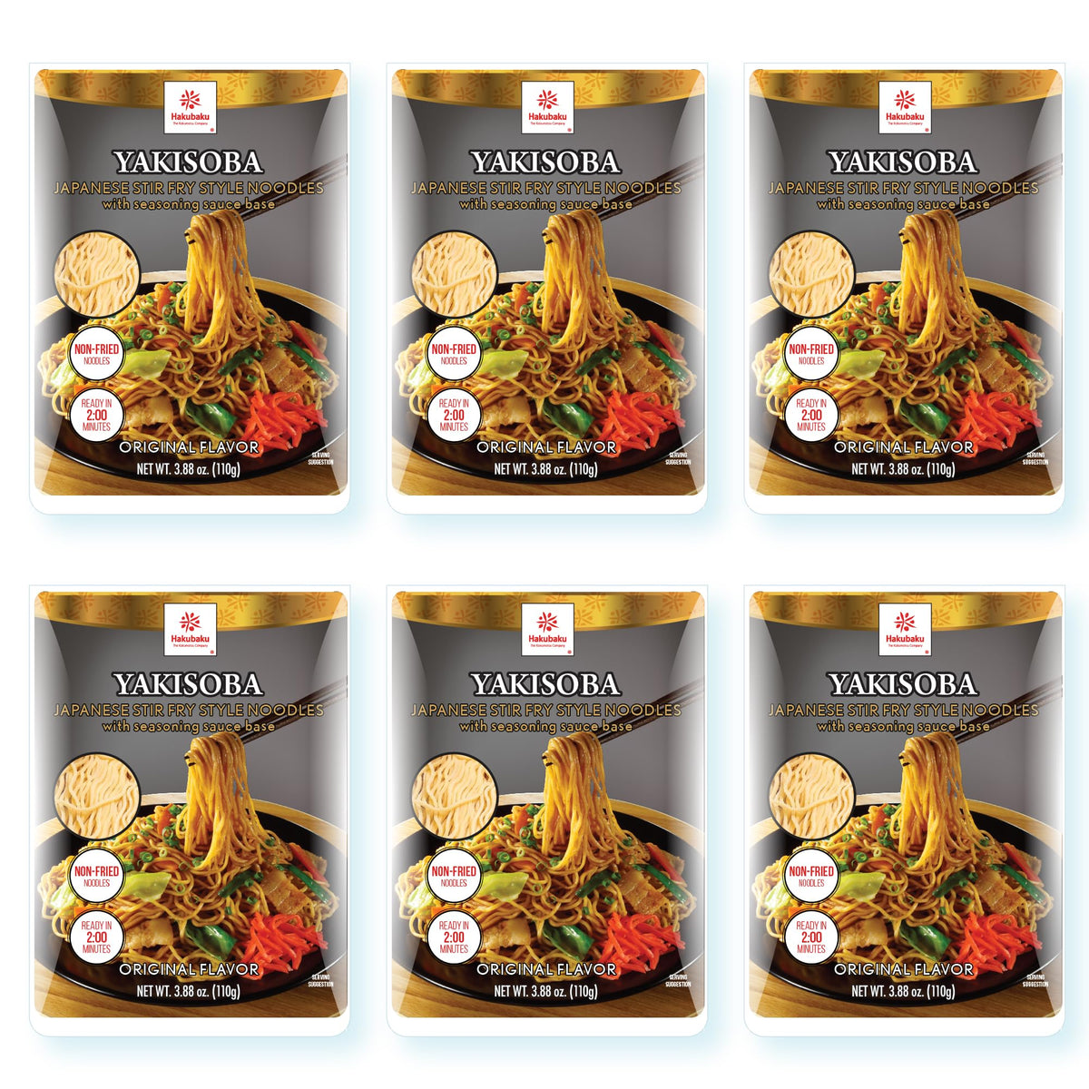 Hakubaku Yakisoba Original 6-pack packaging, authentic Japanese noodles for quick meals.