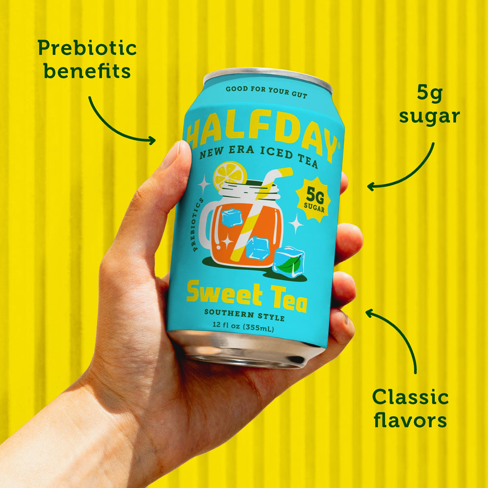 HALFDAY fiber illustration highlights 6g prebiotic fiber per can.