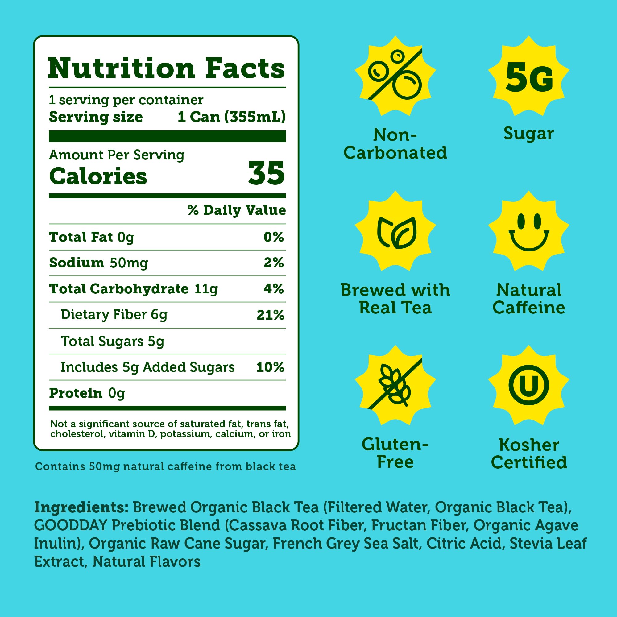 HALFDAY nutrition facts label highlights 5g sugar and 35 calories per can.