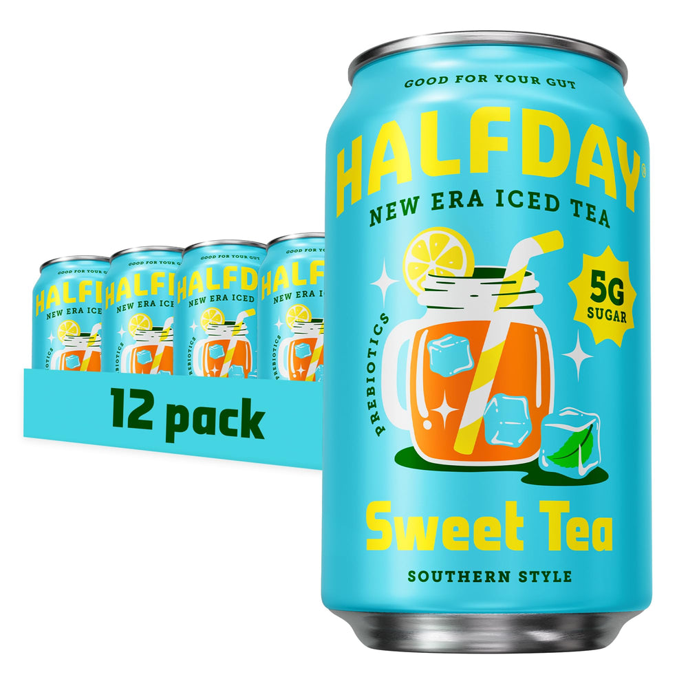 HALFDAY prebiotic sweet tea can front view with 6g fiber for digestive wellness.