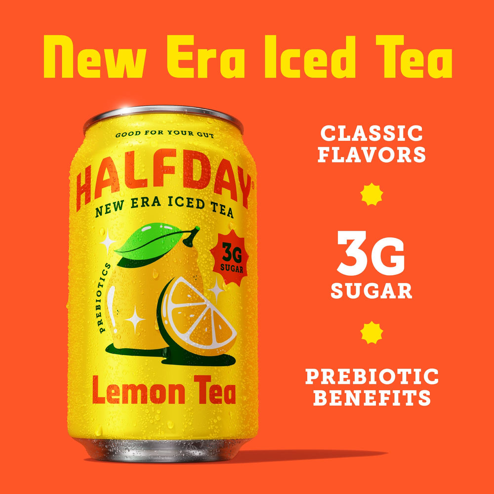 HALFDAY glass with iced tea, showing light, fruity flavors.