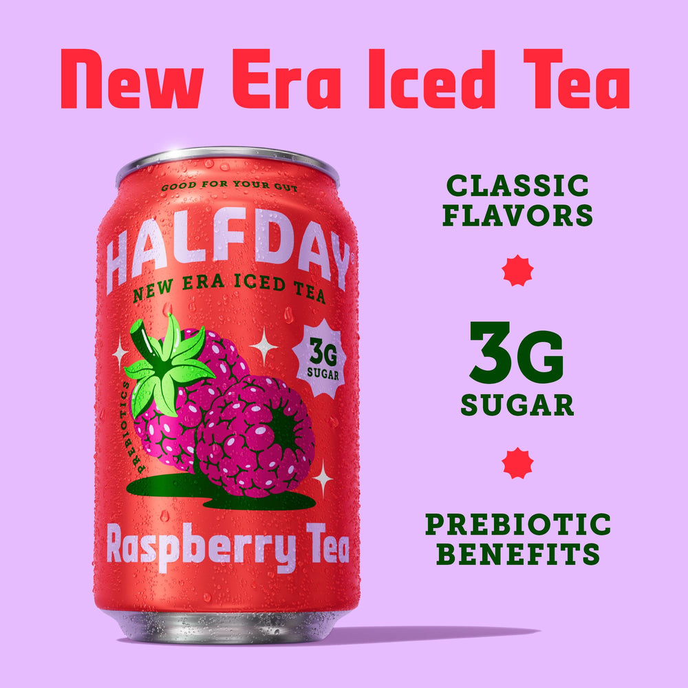 Halfday glass with iced tea shows vibrant raspberry color.