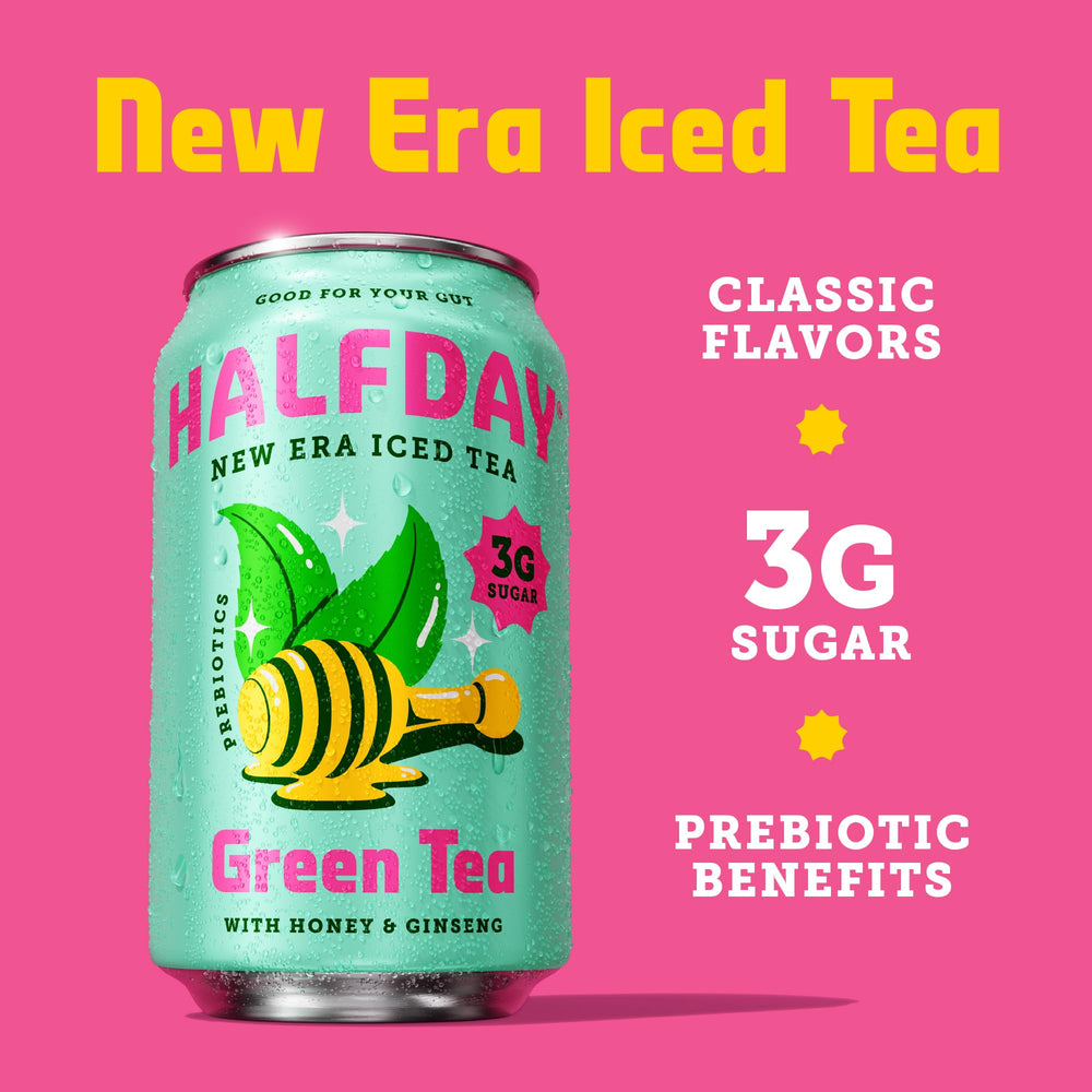 Halfday iced tea served in glass emphasizing chill and low calories.