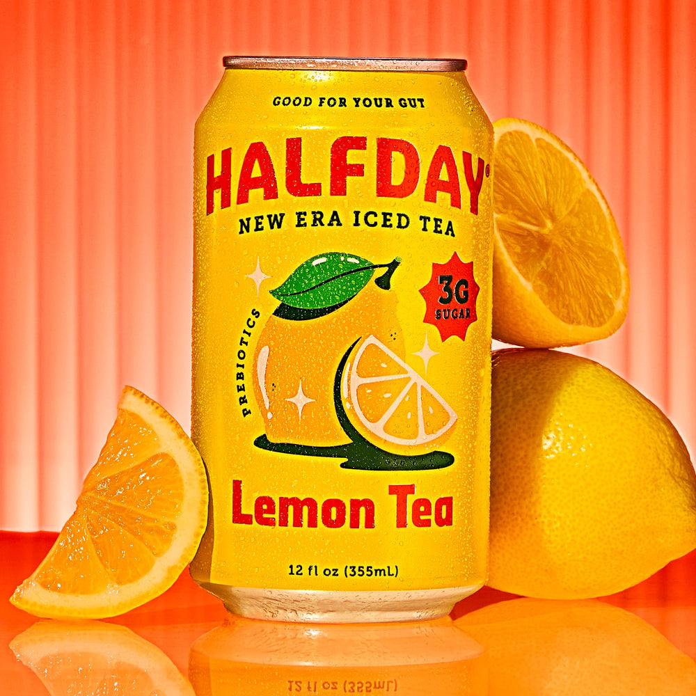 Halfday can displaying 35 calories and low sugar for a light refresh.