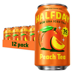 Halfday peach iced tea can front view highlighting real brew flavor for anytime refreshment.