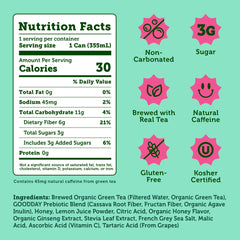 Halfday prebiotic green tea can back nutrition panel showing 3g sugar and 6g fiber.