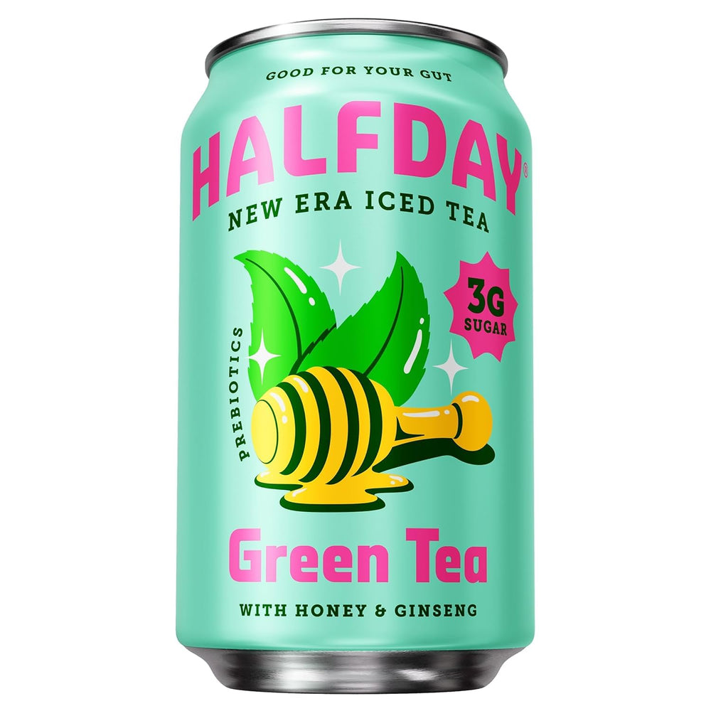 Halfday prebiotic green tea can front highlights low-sugar refreshment