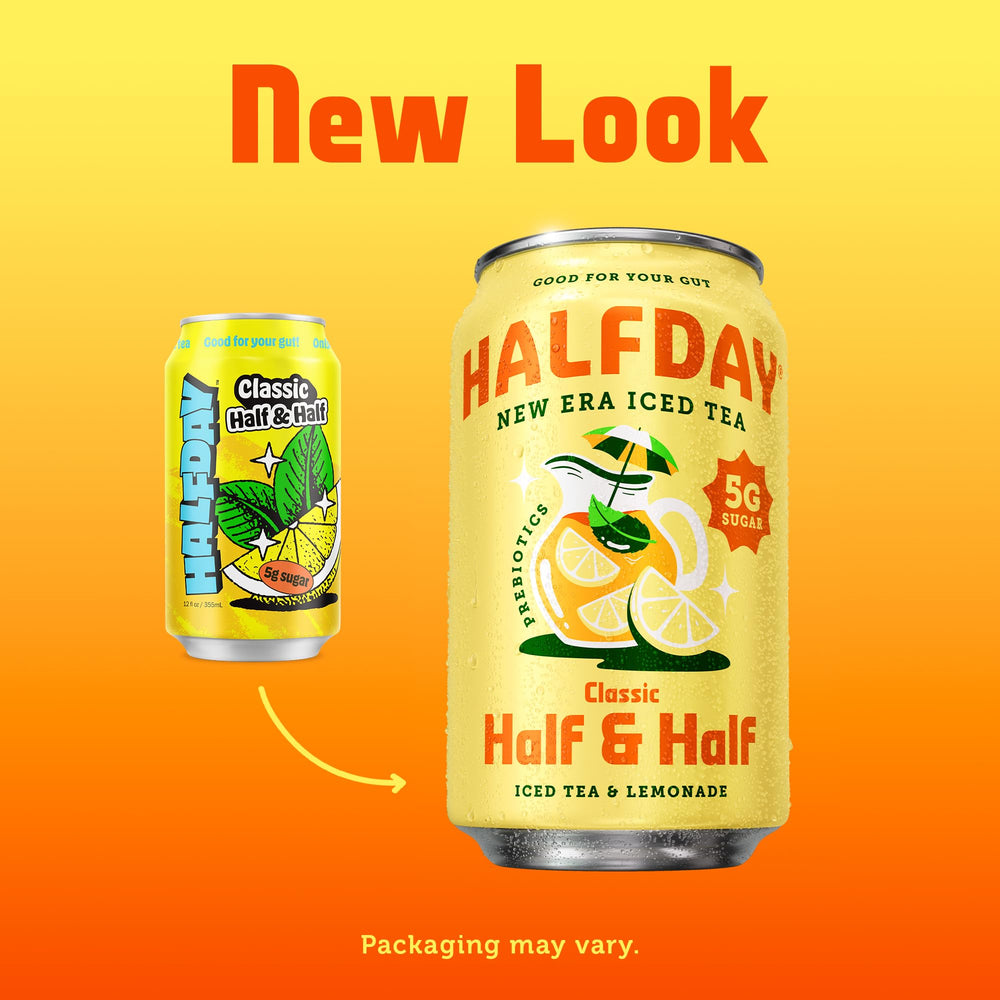 HALFDAY can front shows gluten-free status and natural caffeine in every can