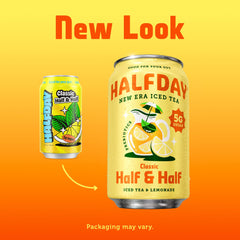 HALFDAY can front shows gluten-free status and natural caffeine in every can