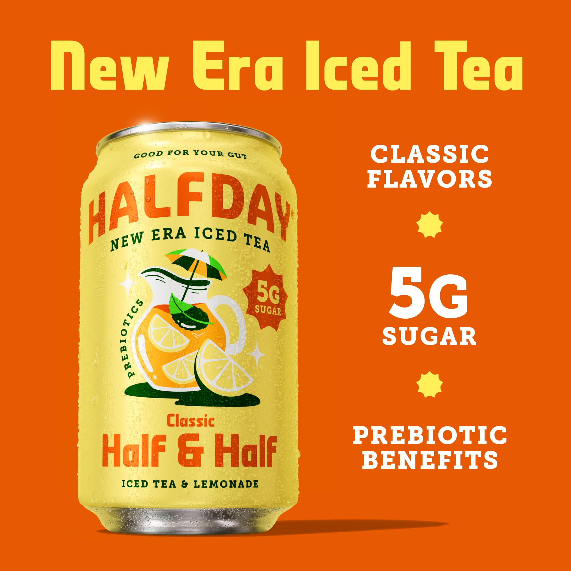 HALFDAY can label close-up notes prebiotic fiber and no artificial ingredients